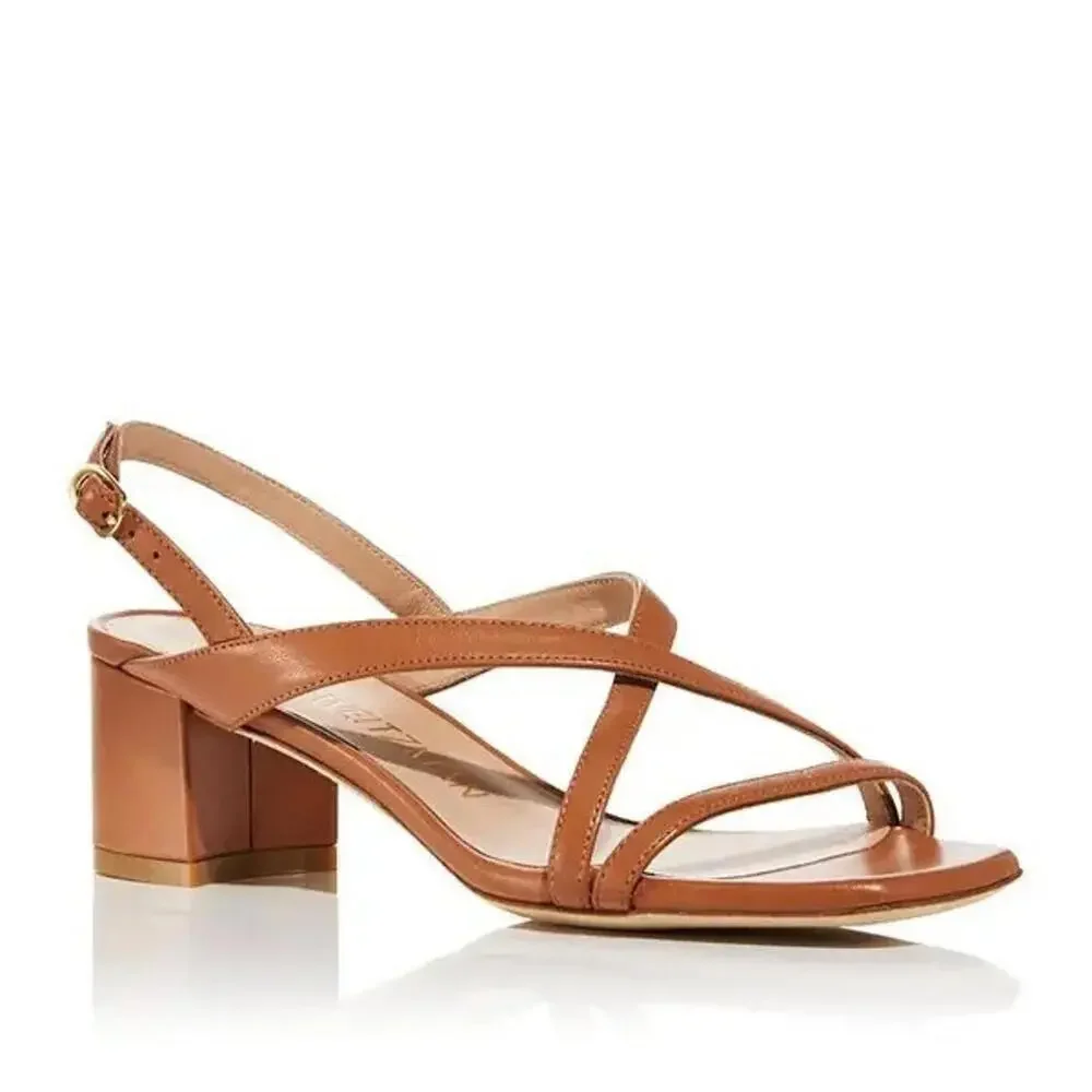 475$ Stuart Weitzman Oasis 50 Block Heel Sandals Size 5.5 US / 35.5 EU Tan